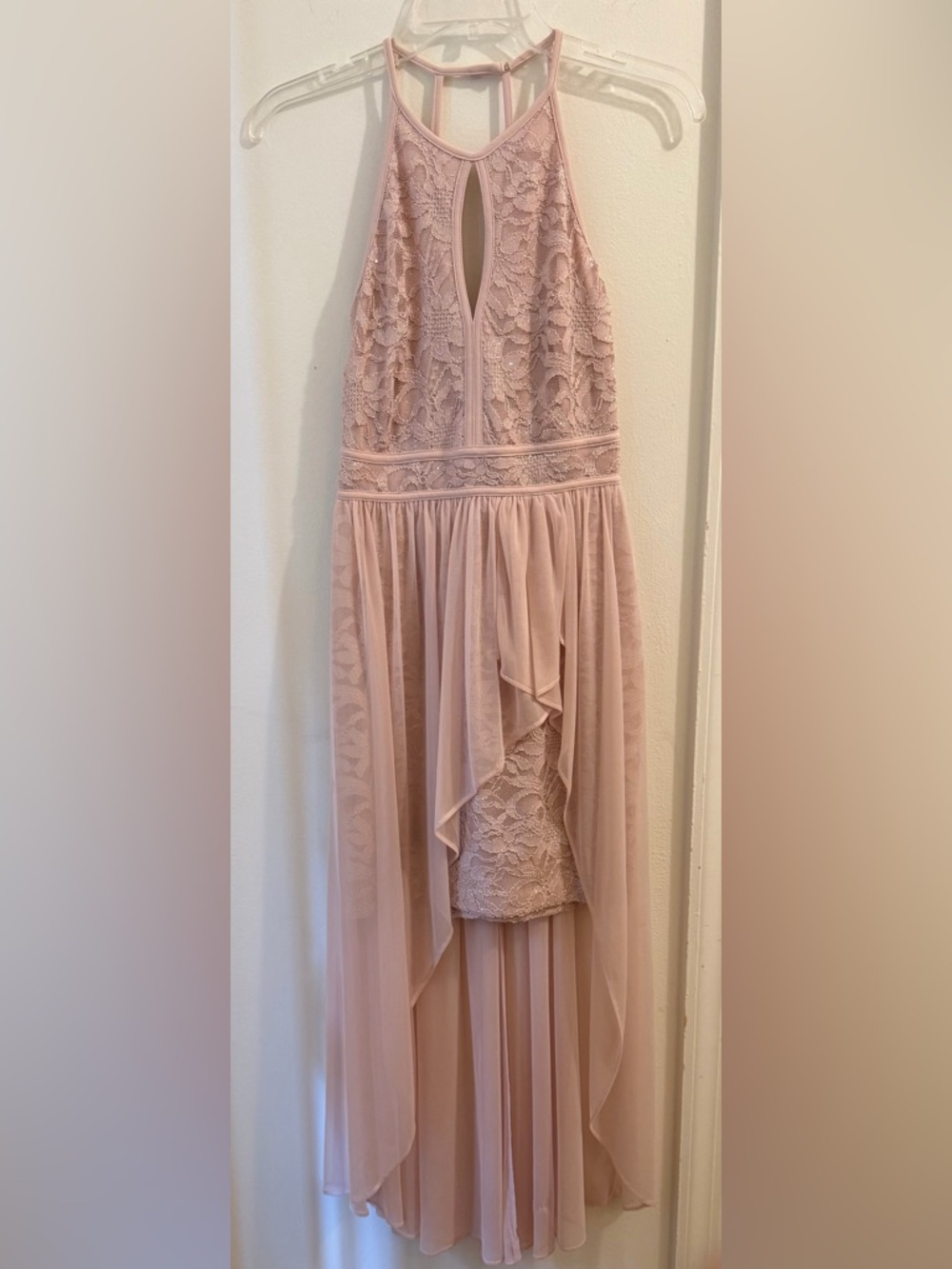 Morgan & Co. Dusty Pink Lace Halter High-Low Dress